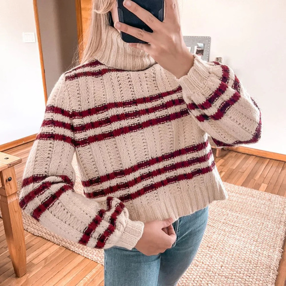 ALC Cream Red Striped Wool Mohair Blend Balloon Sleeve Turtleneck Sweater XS - Picture 1 of 8